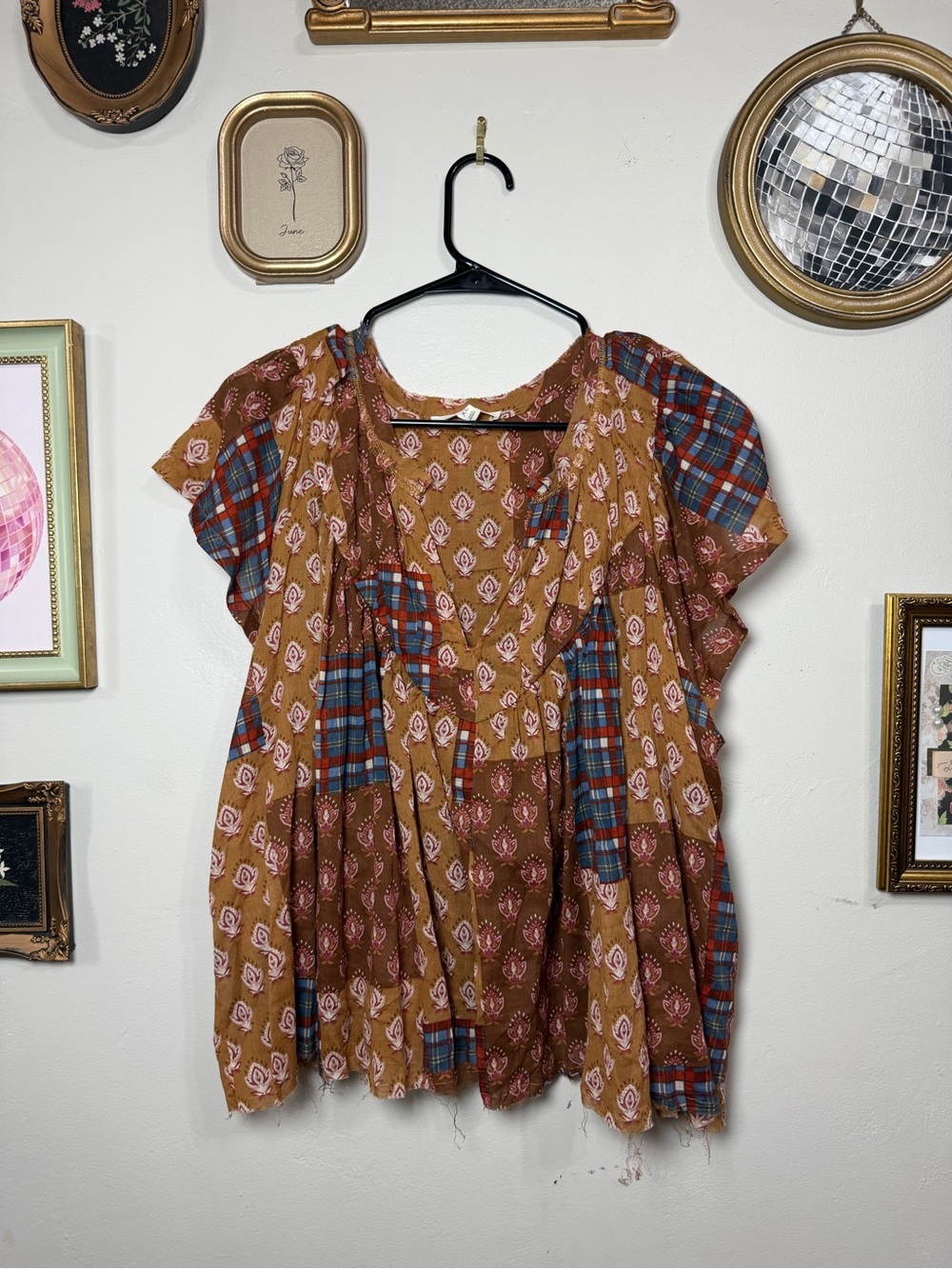 Bohemian Patchwork Flutter-Sleeve Blouse in Rust and Blue